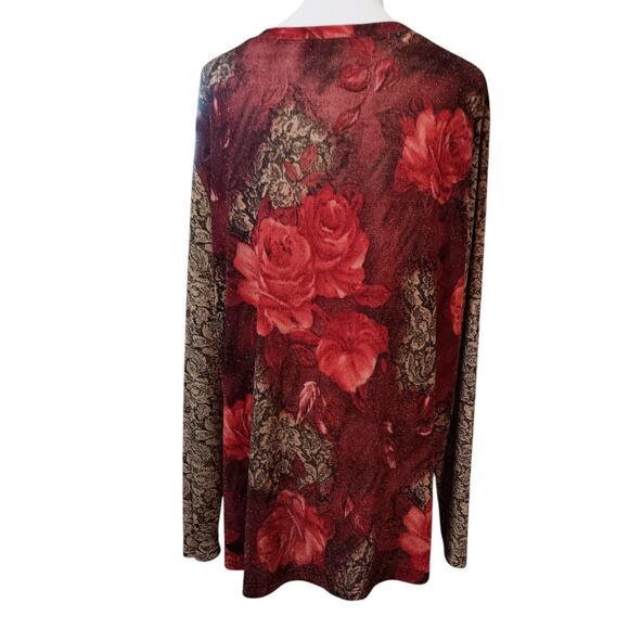 VINTAGE STONEBRIDGE Top Blouse Shirt Roses Floral Sparkles‎ Size XL Red Gold - Picture 3 of 9